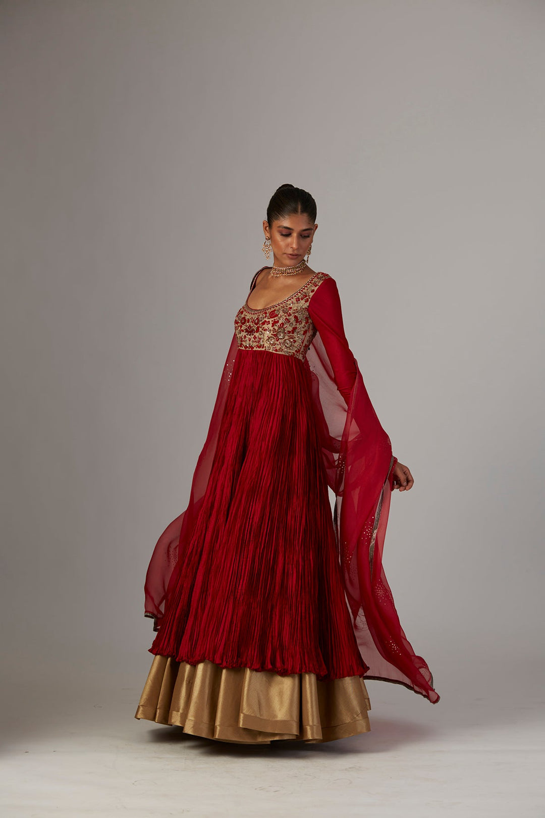 Red Silk Emb. Anarkali Organza Emb. Dupatta & Copper Lame Skirt