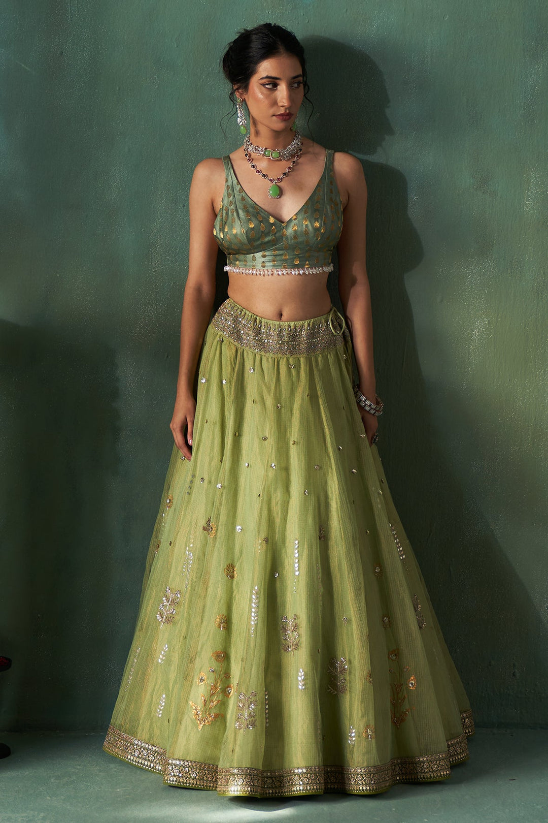 Mint Tissue Embroidered Lehenga Set (4 PCS)