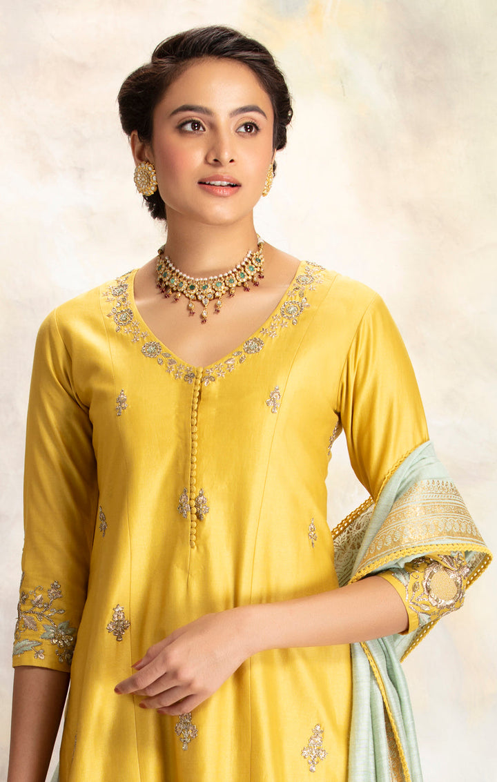 Yellow Zardozi Embroidered Kurta With Mint Sharara