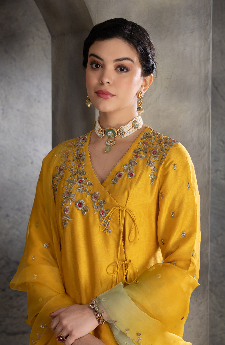 Yellow Floral Embroidered Angrakha Style Kurta Set