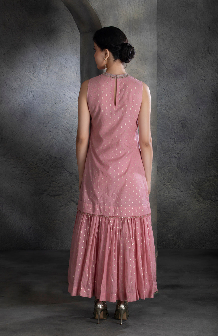 Dusty Pink Chanderi & Cotton Floral Embroidered Angrakha Set