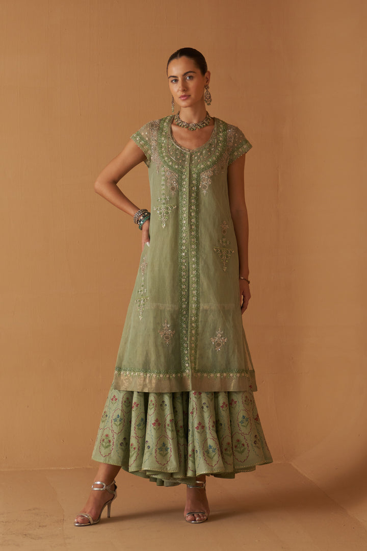 Mint Kota Tissue Embroidered Jacket With Mint Maheshwari Tissue Inner And Mint Printed Sharara