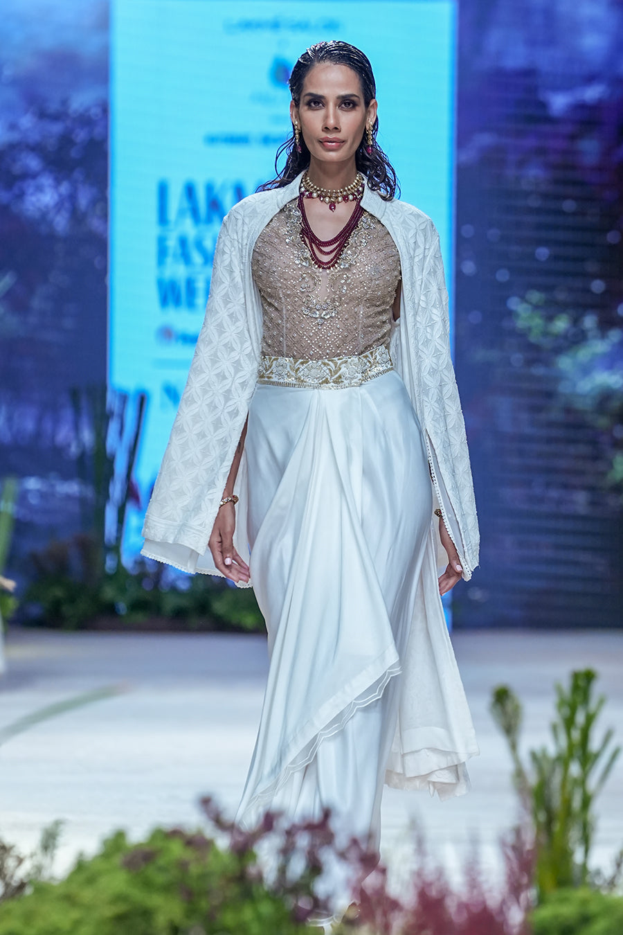 Toosh Emb. Bodysuit With Ivory Mushroo Drape Skirt And Ivory Chikankari Cape