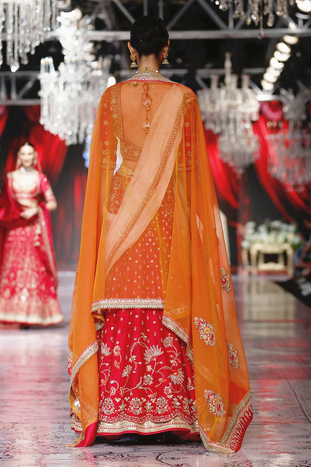 Red & Orange Dupion Embroidered Lehenga Only (1 PC)