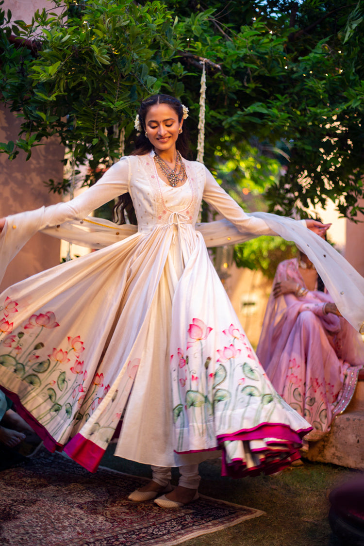 Ivory Silk Chanderi Lotus Printed & Embroidered Anarkali Set