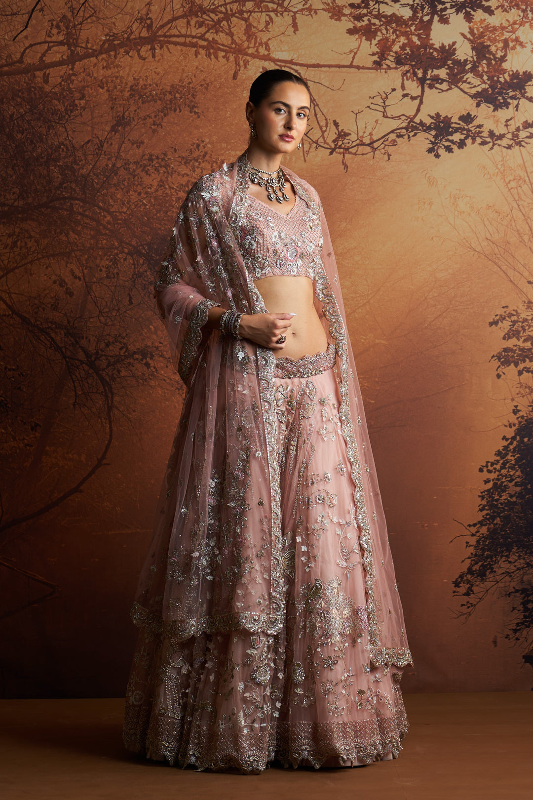 Salmon Pink Embroidered Double Layer Lehnga Paired With Scallop Embroidered Veil And Dupatta