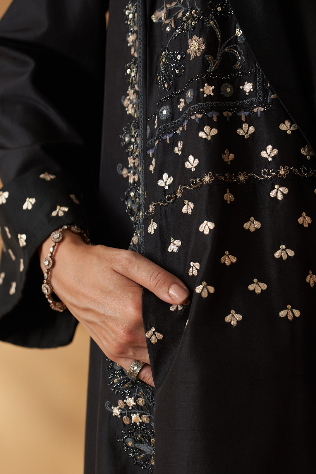 Black Summer Silk Dori  Embroidered Classic Jacket