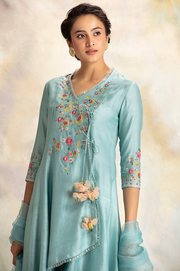 Multicolour Floral Motifs Embroidered Aqua Blue Kurta Set