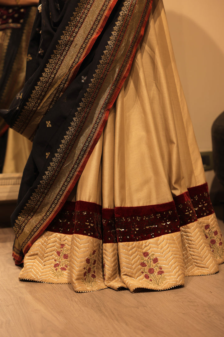 Light Grey Dupion Embroidered Bordered Work Lehenga