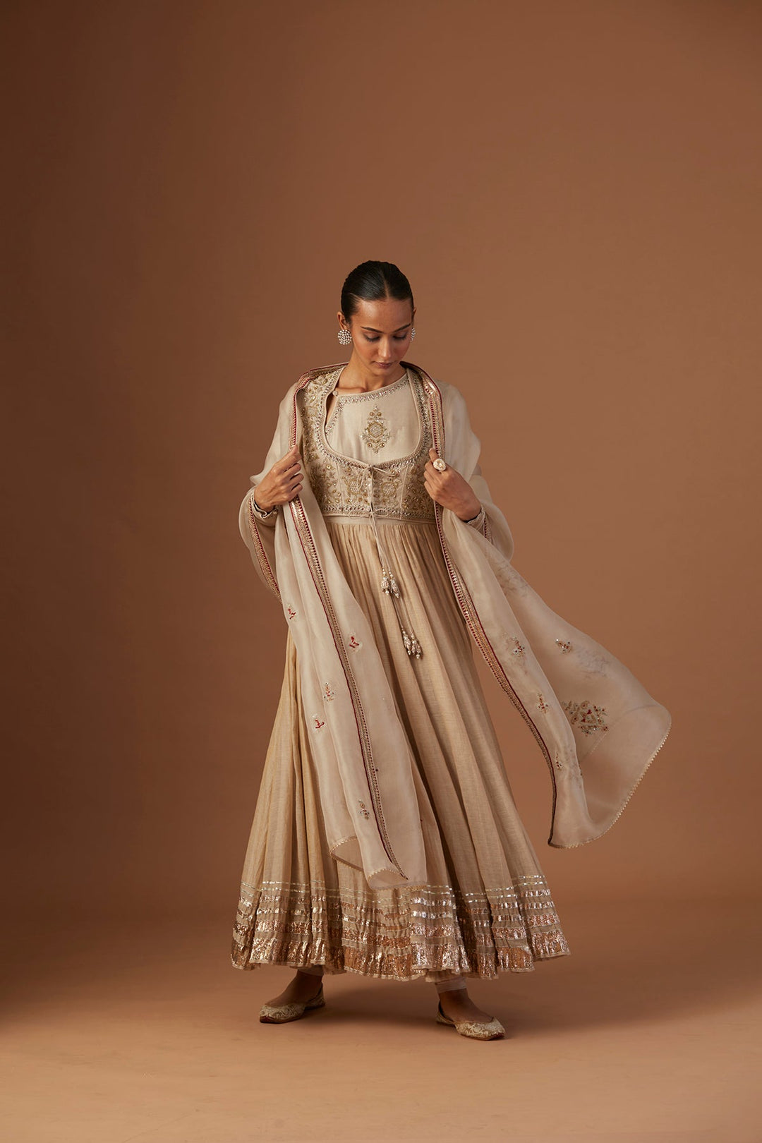 Toosh Tissue Anarkali Paired With Churidaar And Dupatta