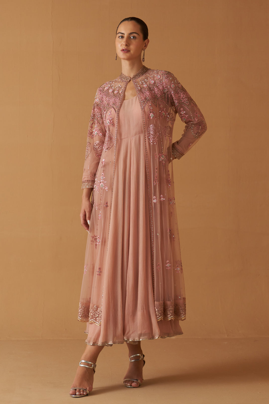 Old Rose Net Embroidered Jacket And Old Rose Chiifon Anarkali