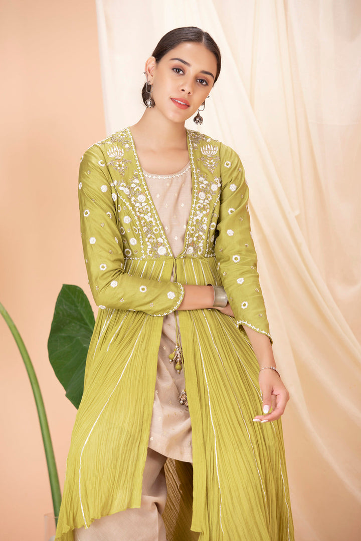 Mehendi Green Embroidered Jacket With Kurta And Dhoti