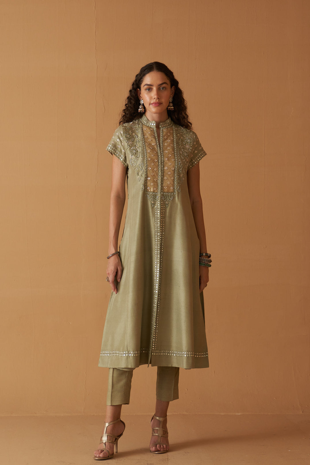 Sage Green  Silk Embroidered Jacket & Sage Green Dupion Pants