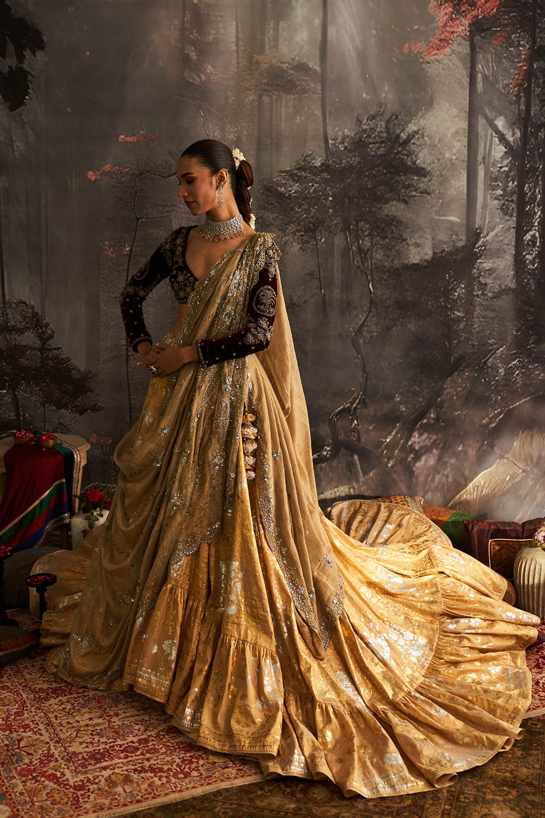 Gold Tissue Foil Printed Lehengawith Crino (1 PC)