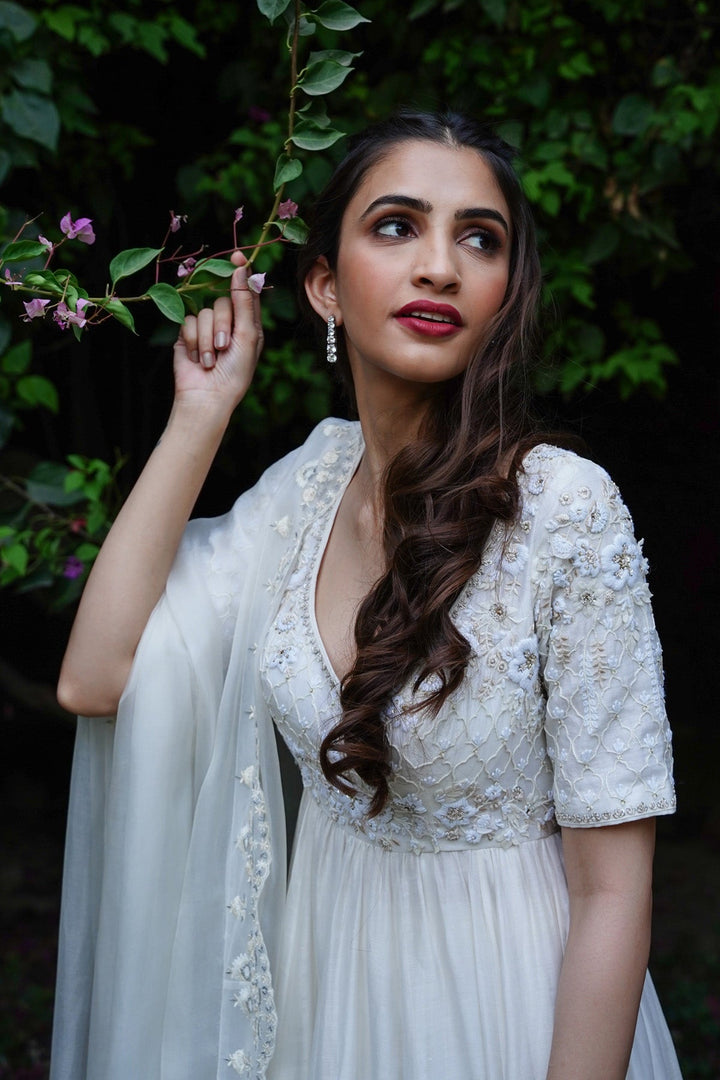 Ivory Embroidered Anarkali With Churidaar & Silk Organza Dupatta