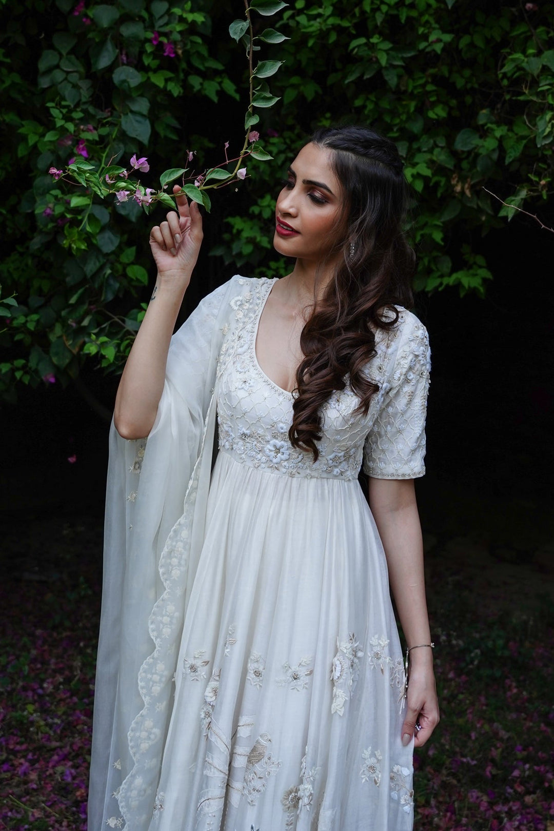 Ivory Embroidered Anarkali With Churidaar & Silk Organza Dupatta