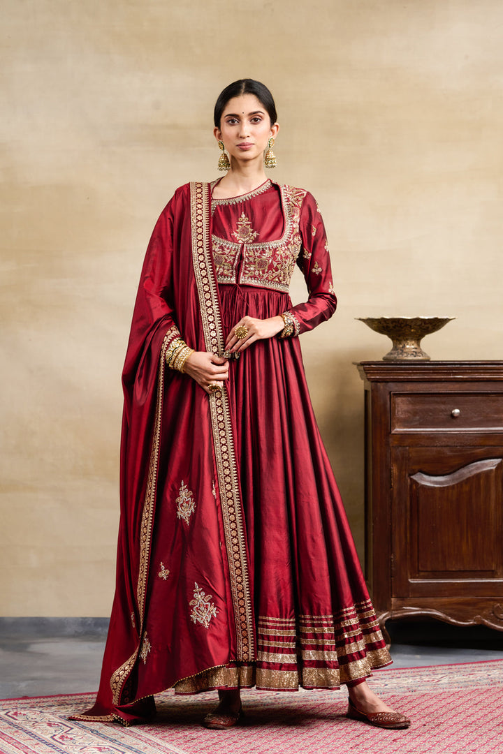 Maroon Silk Jacket Style Embroidered Anarkali Set