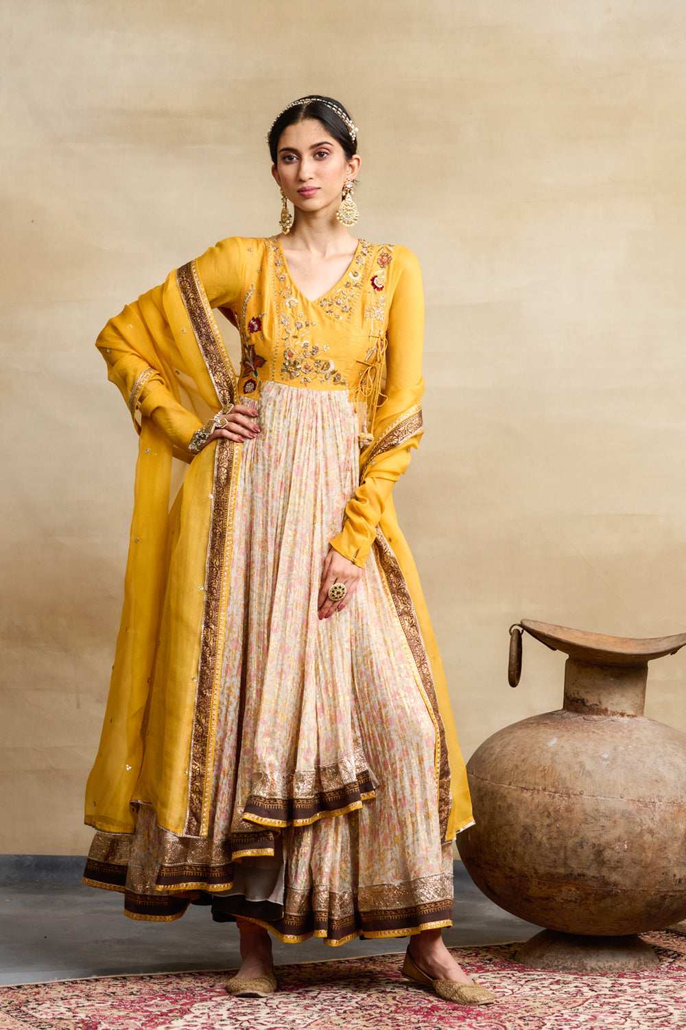 Yellow & Toosh Chanderi Printed & Embroidered Anarkali Set (3 PCS)