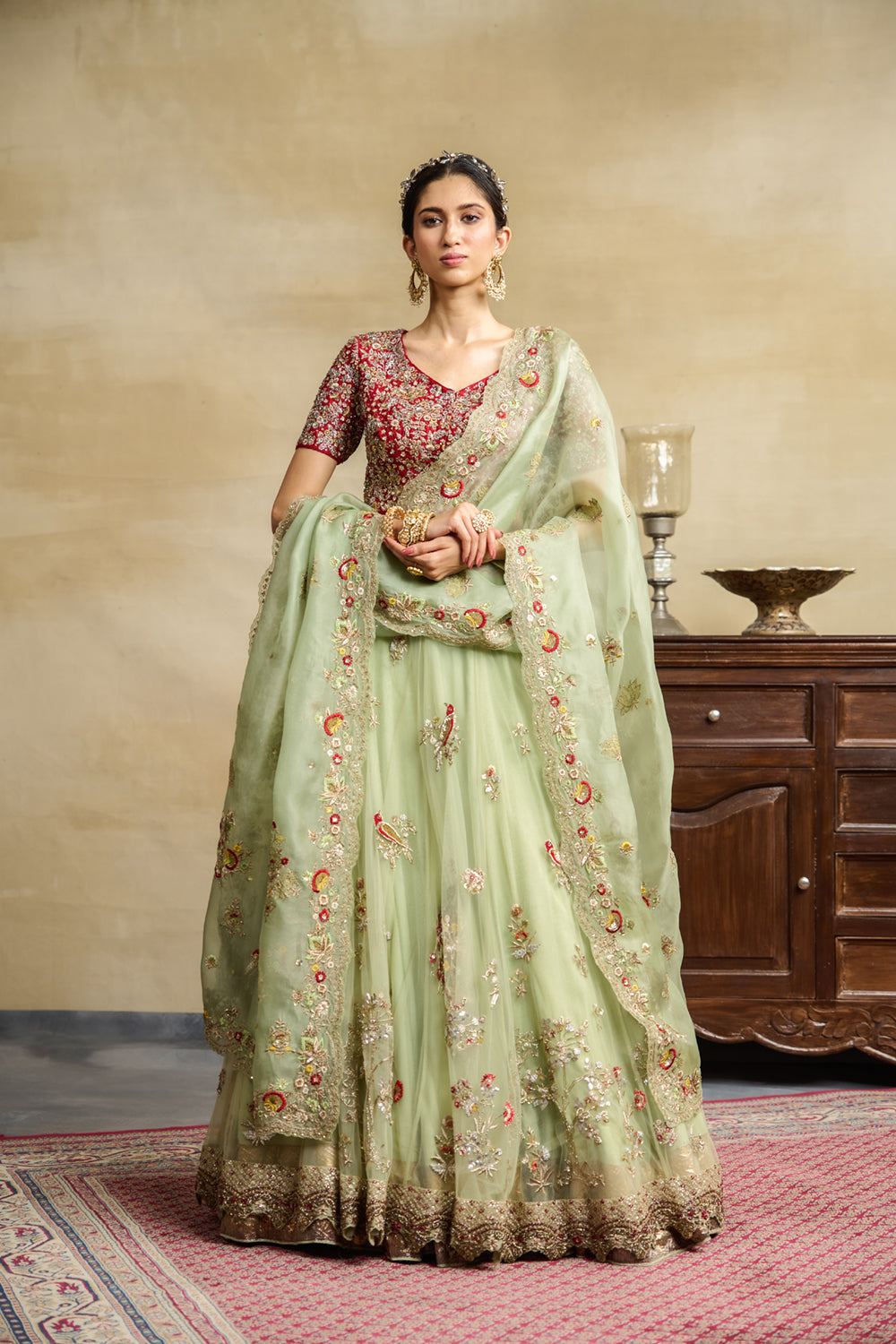 Mint Tulle Heavy Embroidered Lehanga Set