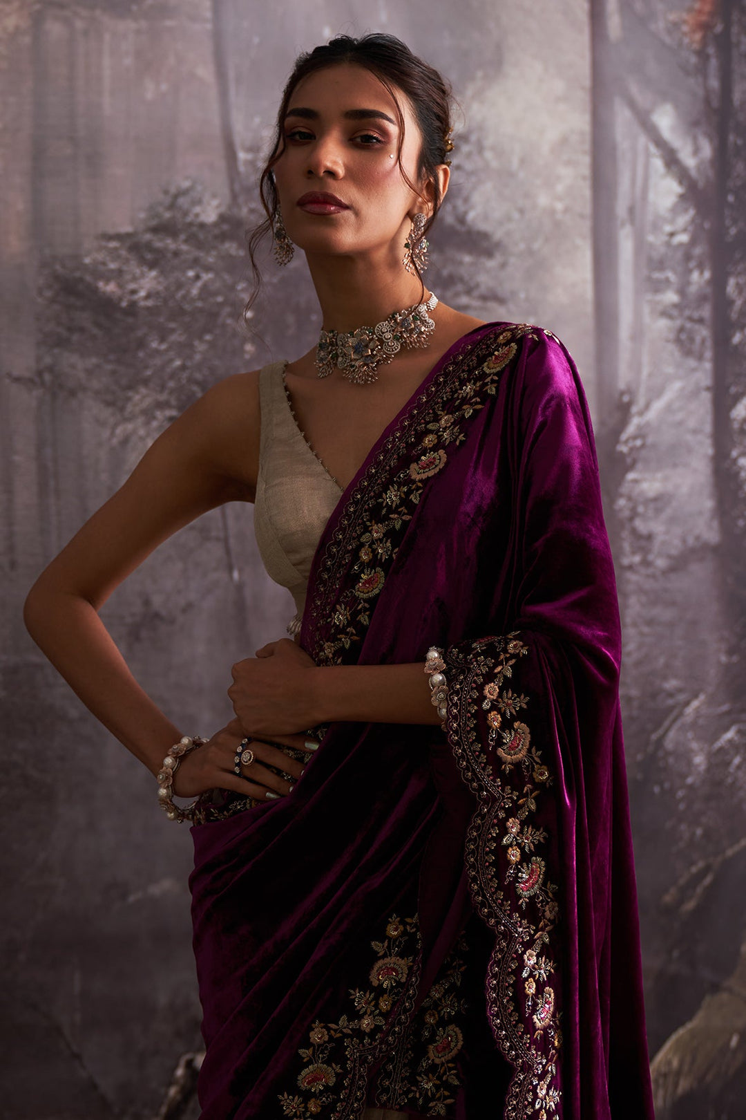 Brown Crush Organza Tissue & Purple Velvet Embroidered Saree Set (4 PCS)