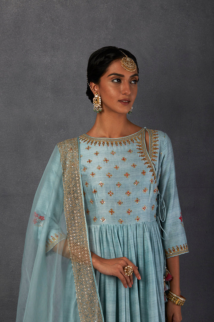 Aqua Silk Chanderi Printed & Embroidered Angrakha Style Anarkali Set