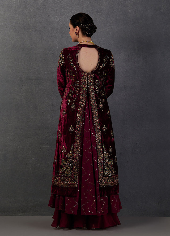 Maroon Silk Velvet Embroidered Jacket Set