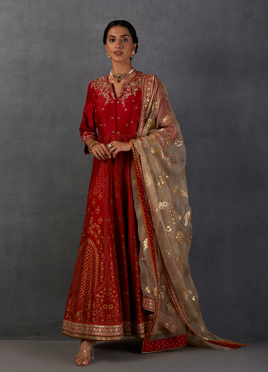 Crimson Red Silk Chanderi Gold Printed &Amp; Embroidered Anarkali Set