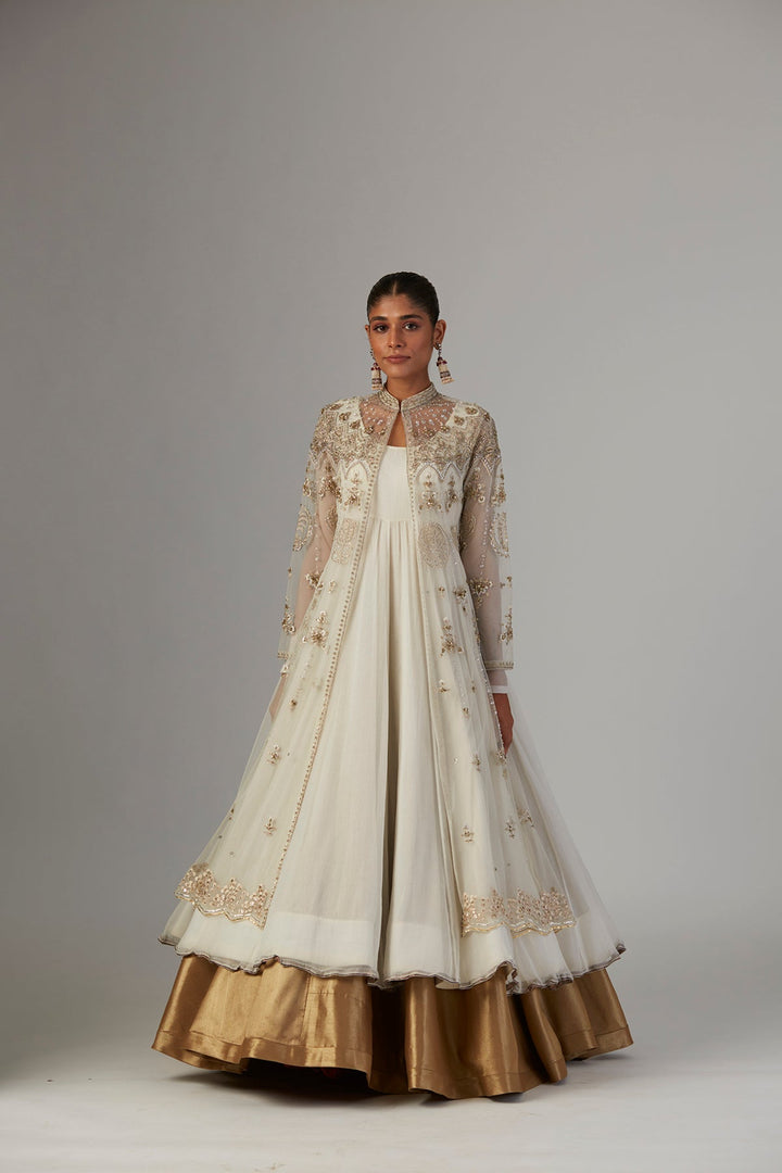 Ivory Chiffon Anarkali Paired With Tulle Net Jacket