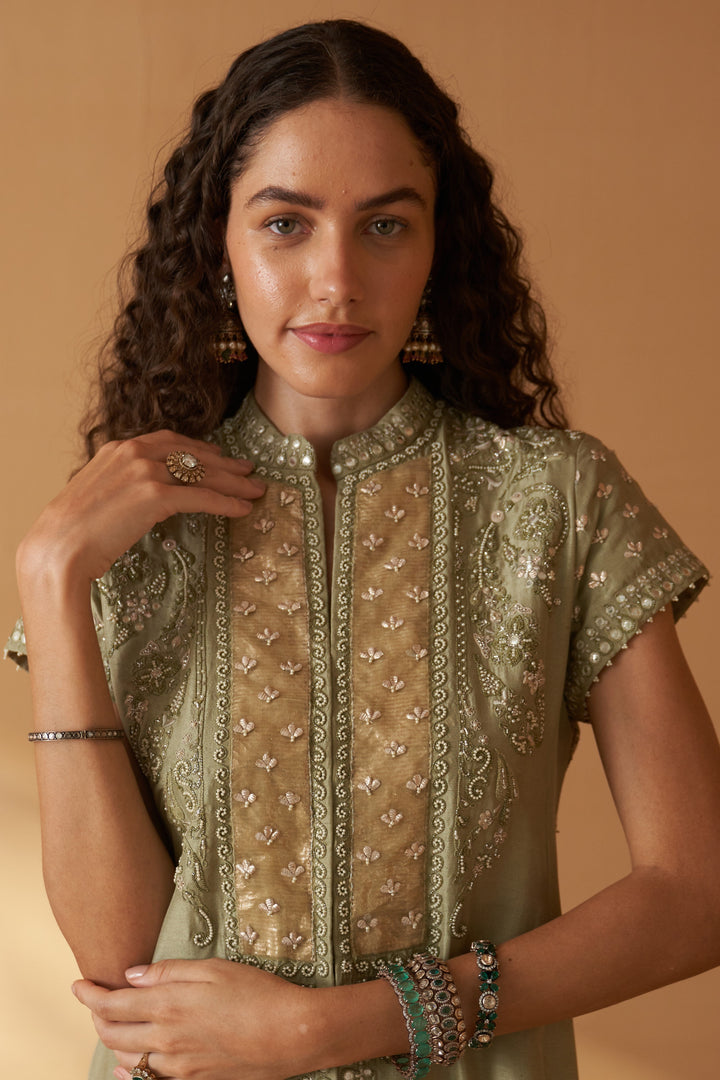 Sage Green  Silk Embroidered Jacket & Sage Green Dupion Pants