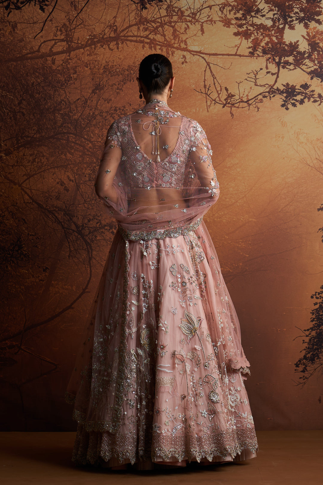 Salmon Pink Embroidered Double Layer Lehnga Paired With Scallop Embroidered Veil And Dupatta