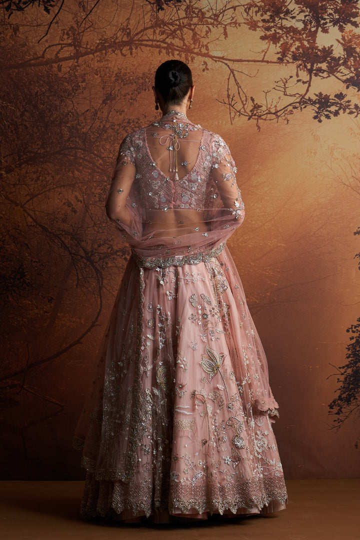 Salmon Pink Embroidered Double Layer Lehnga Paired With Scallop Embroidered Veil And Dupatta