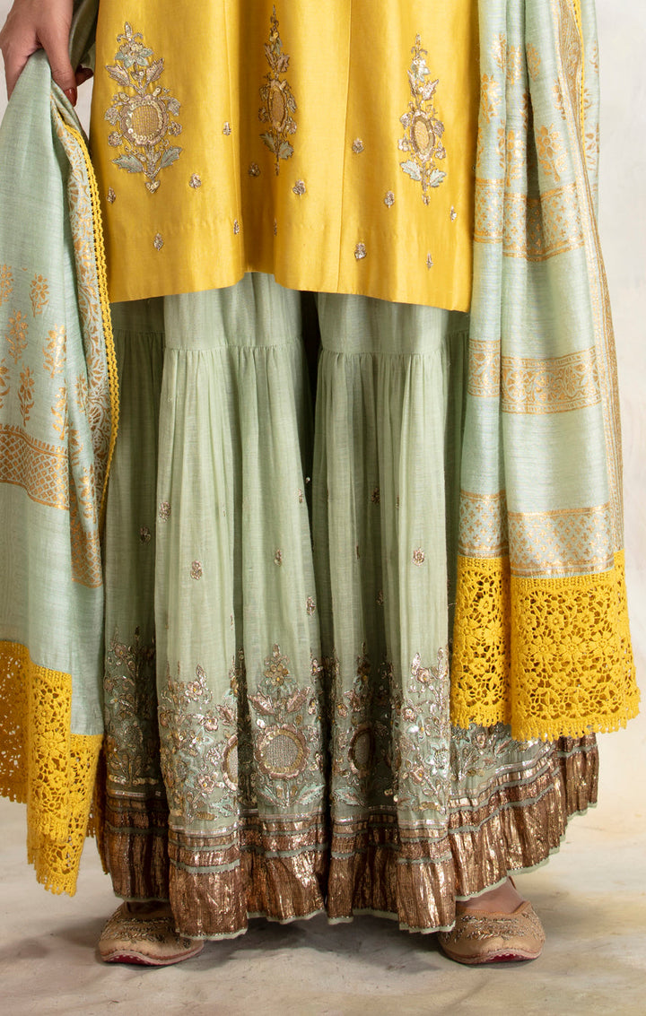 Yellow Zardozi Embroidered Kurta With Mint Sharara