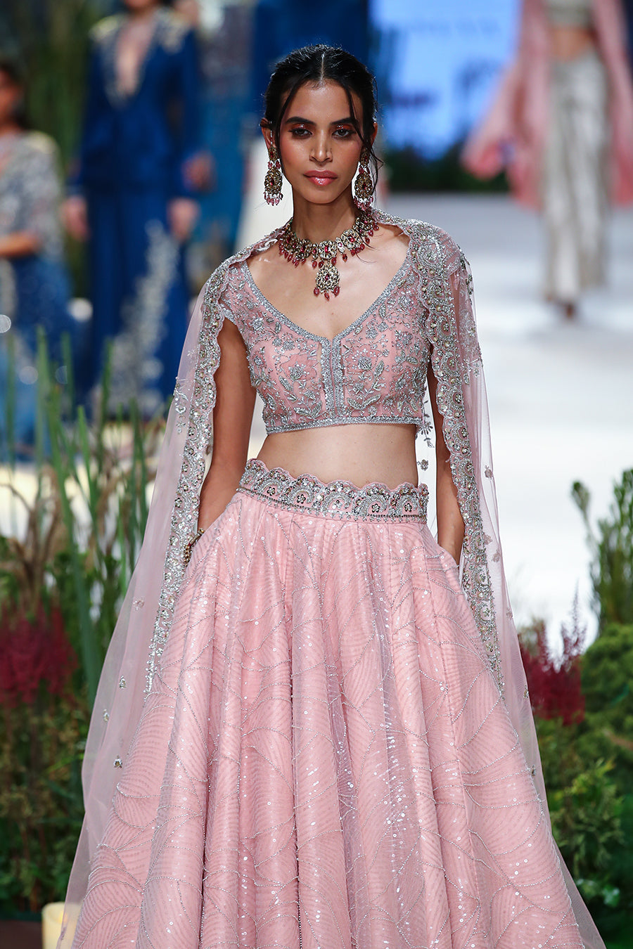 Old Rose Net Embroidered Lehenga