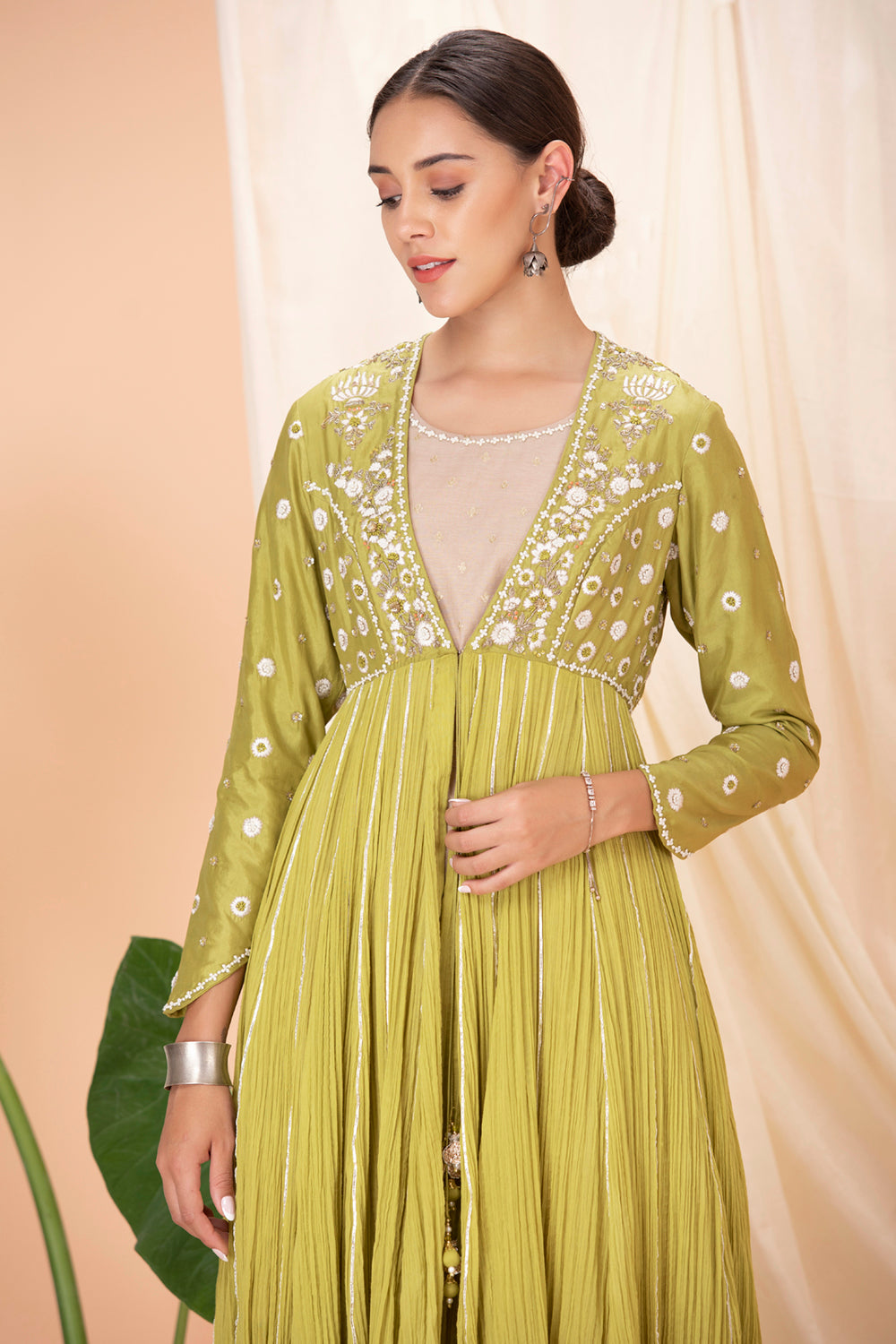 Mehendi Green Embroidered Jacket With Kurta And Dhoti