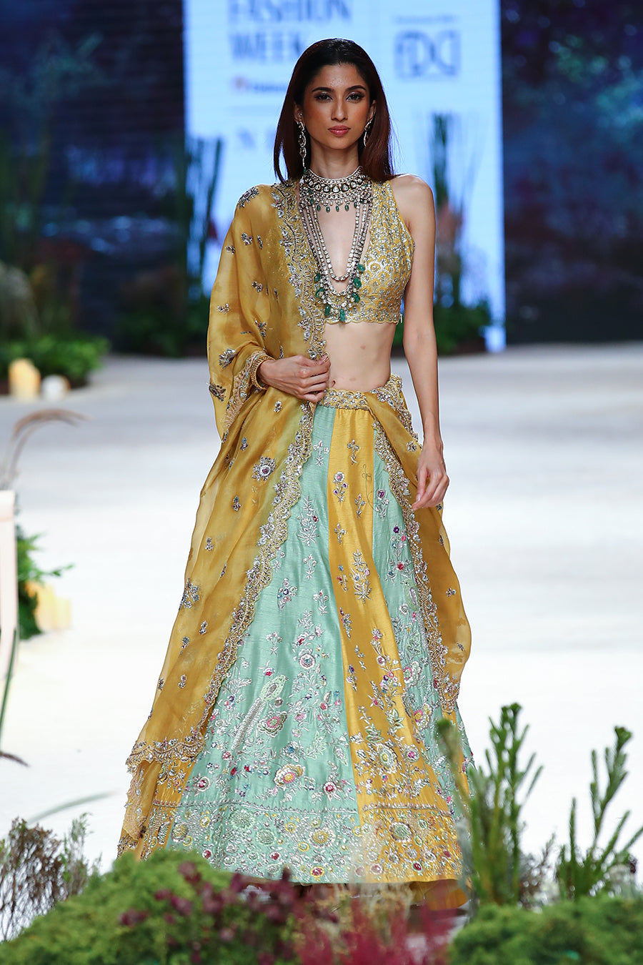 Yellow Viscose Dupion Scalloped Emb. Lehenga & Yellow Organza Emb. Dupatta