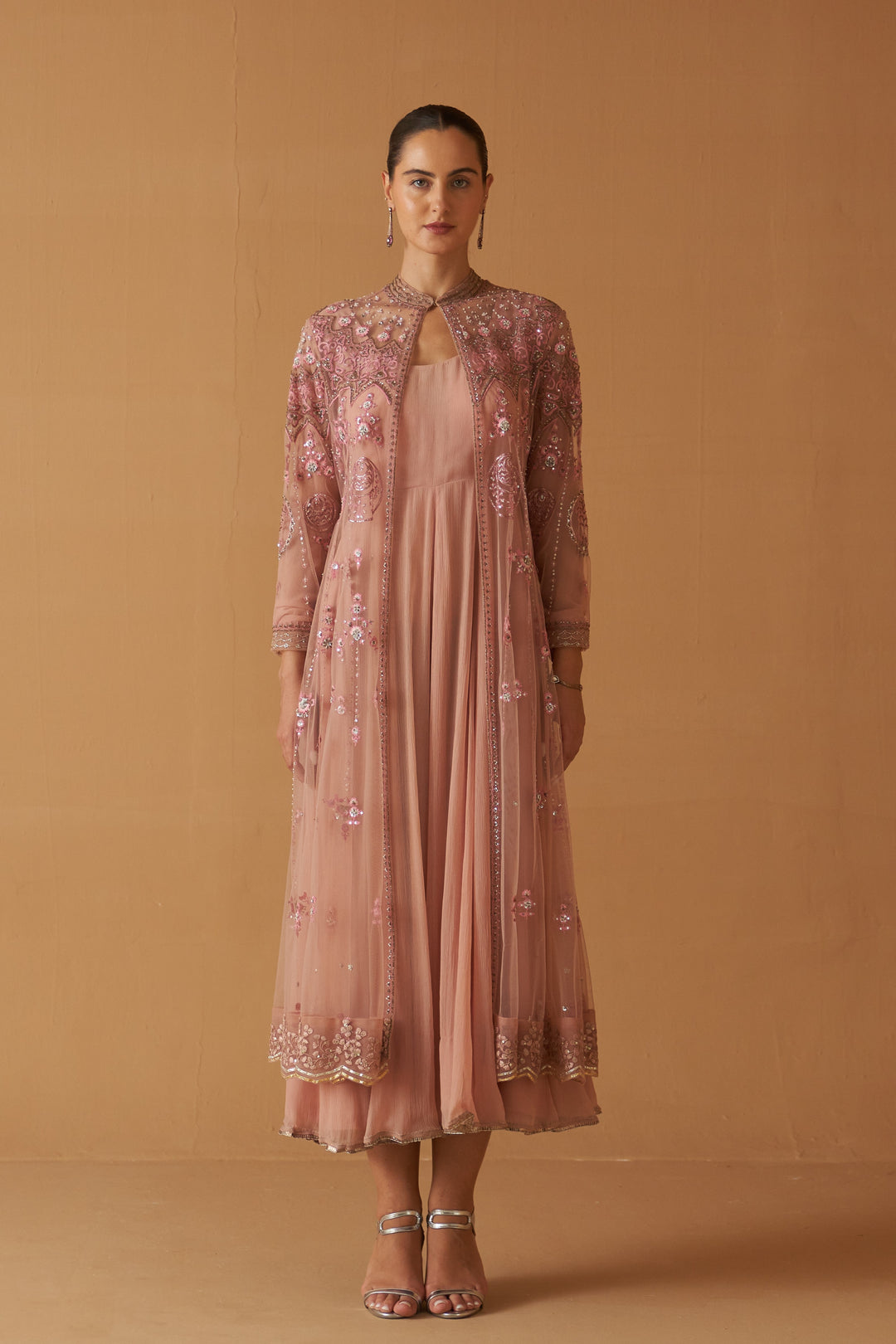 Old Rose Net Embroidered Jacket And Old Rose Chiifon Anarkali