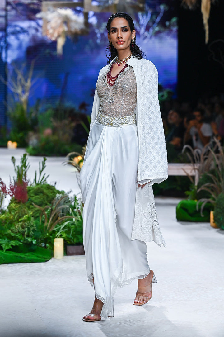 Toosh Emb. Bodysuit With Ivory Mushroo Drape Skirt And Ivory Chikankari Cape