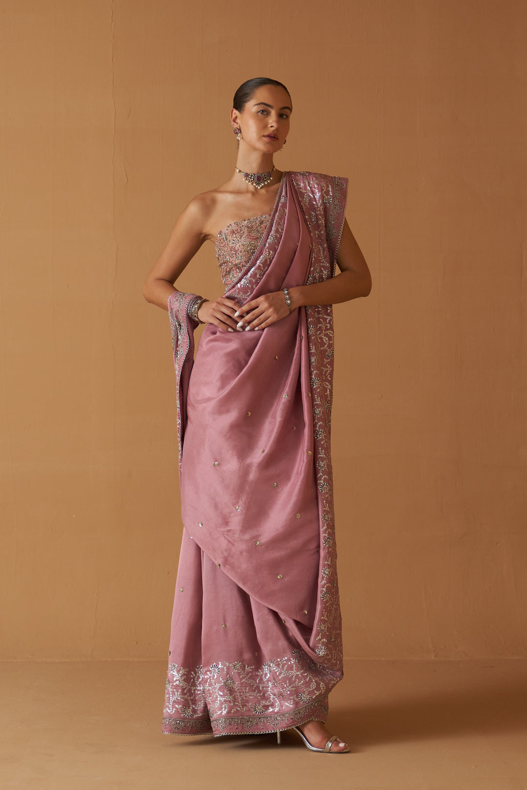 Lilac Chinese Dupion Foil Printed & Embroidered Saree Set (3 PCS)