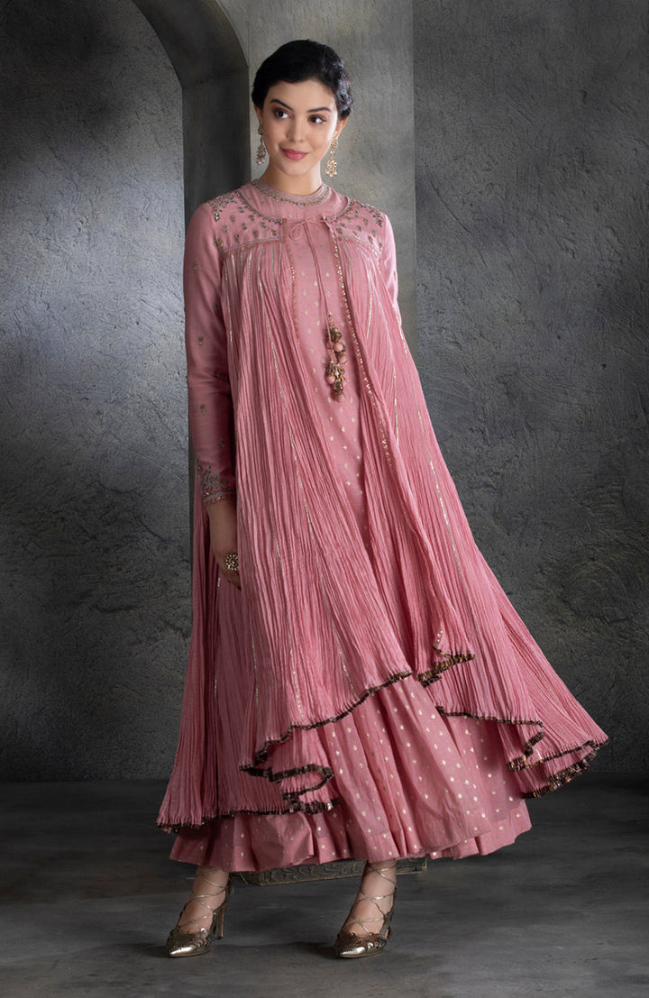 Dusty Pink Chanderi & Cotton Floral Embroidered Angrakha Set