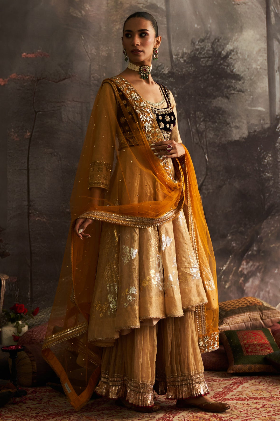 Yellow Silk Embroidered Anarkali Set (4 PCS)