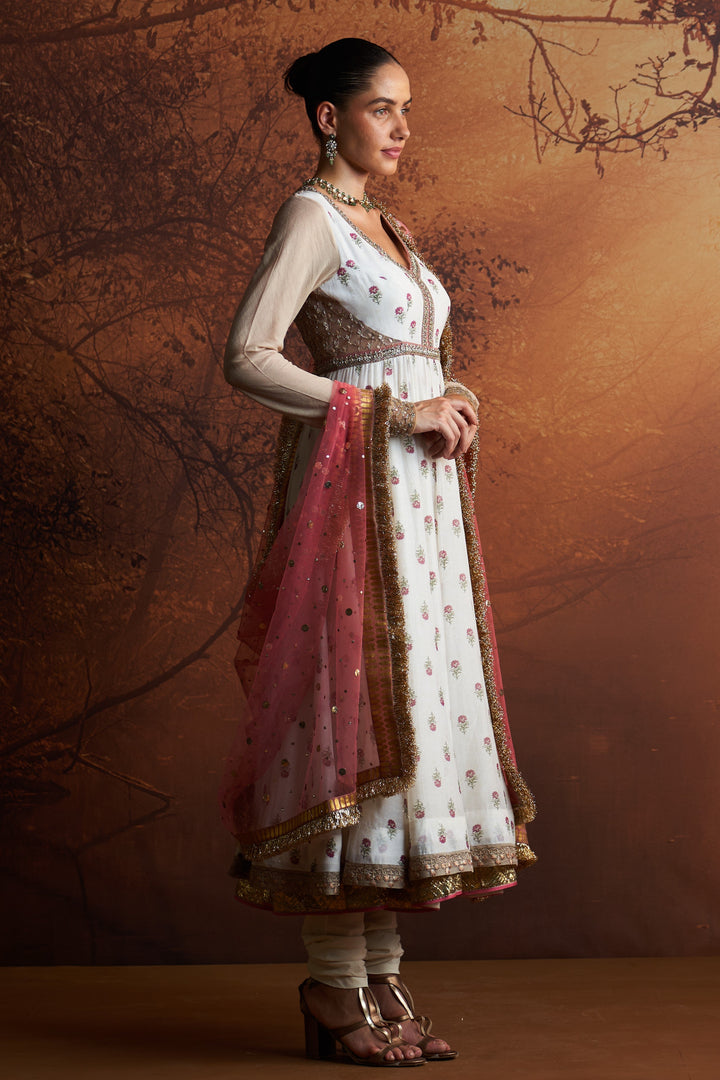 Ivory Printed Chanderi Anarkali Set