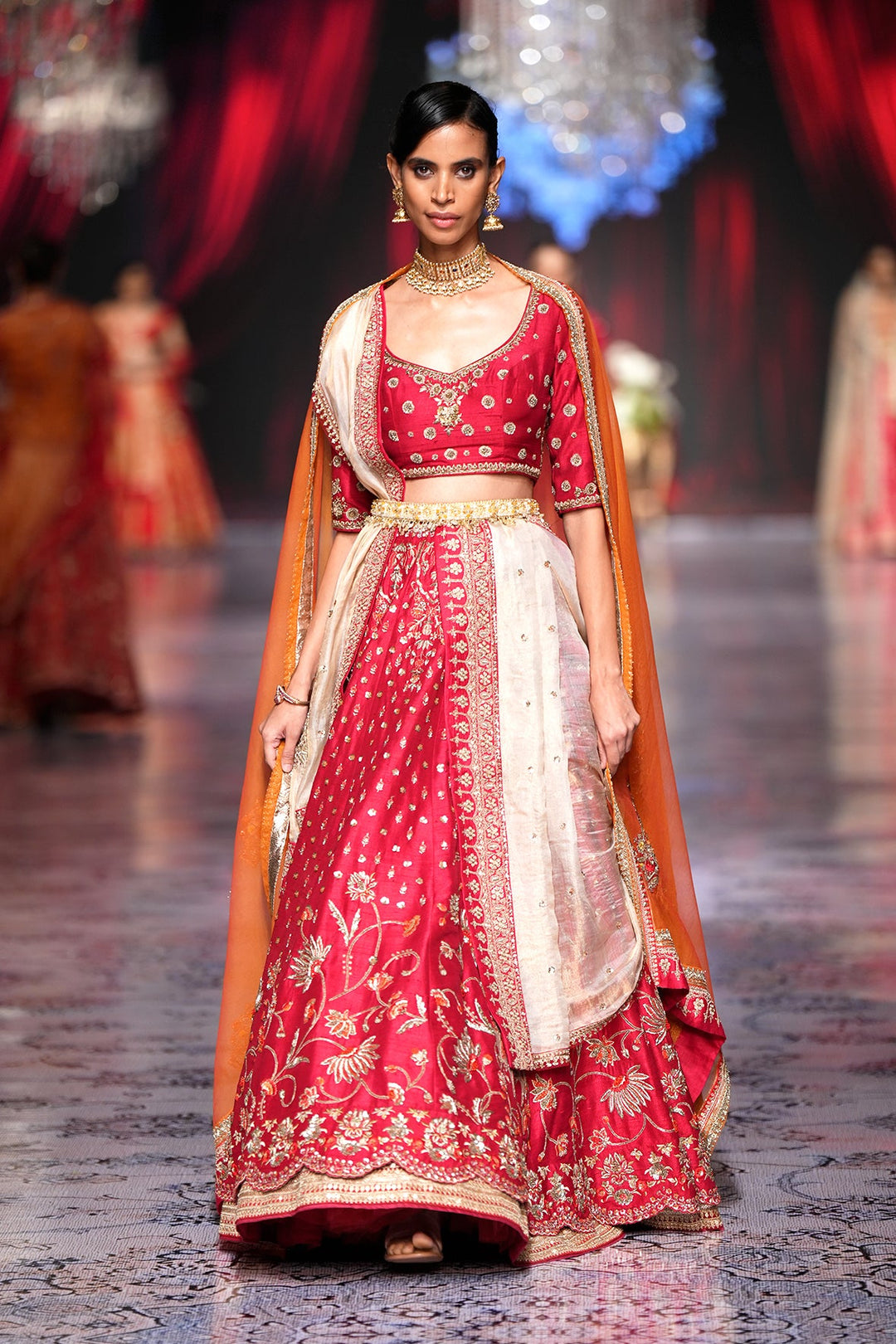 Red & Orange Dupion Embroidered Lehenga Only (1 PC)