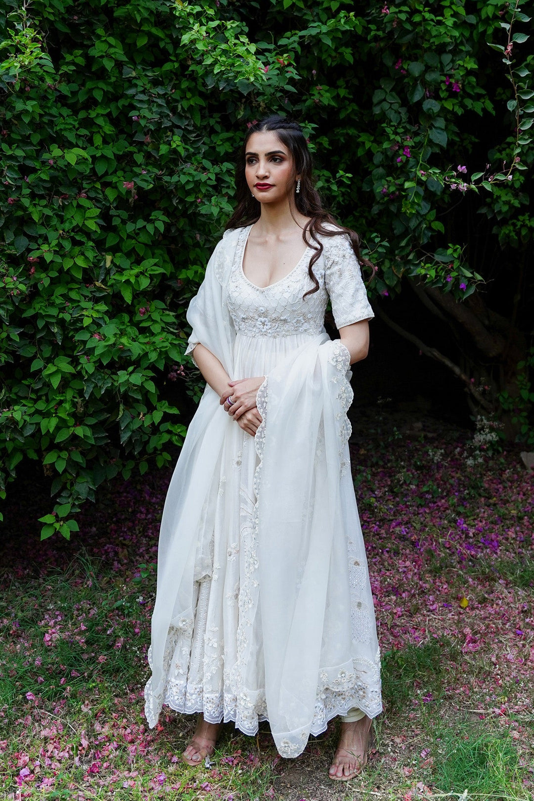 Ivory Embroidered Anarkali With Churidaar & Silk Organza Dupatta