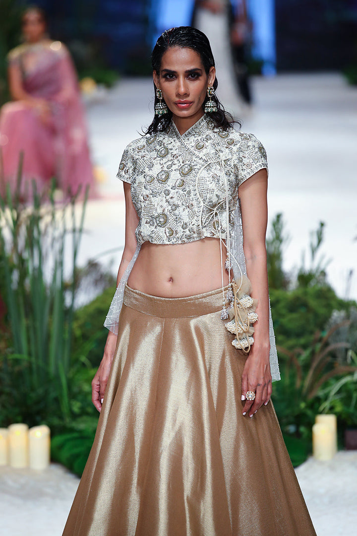 Ivory Dupion Embroidered Top With Copper Antique Skirt