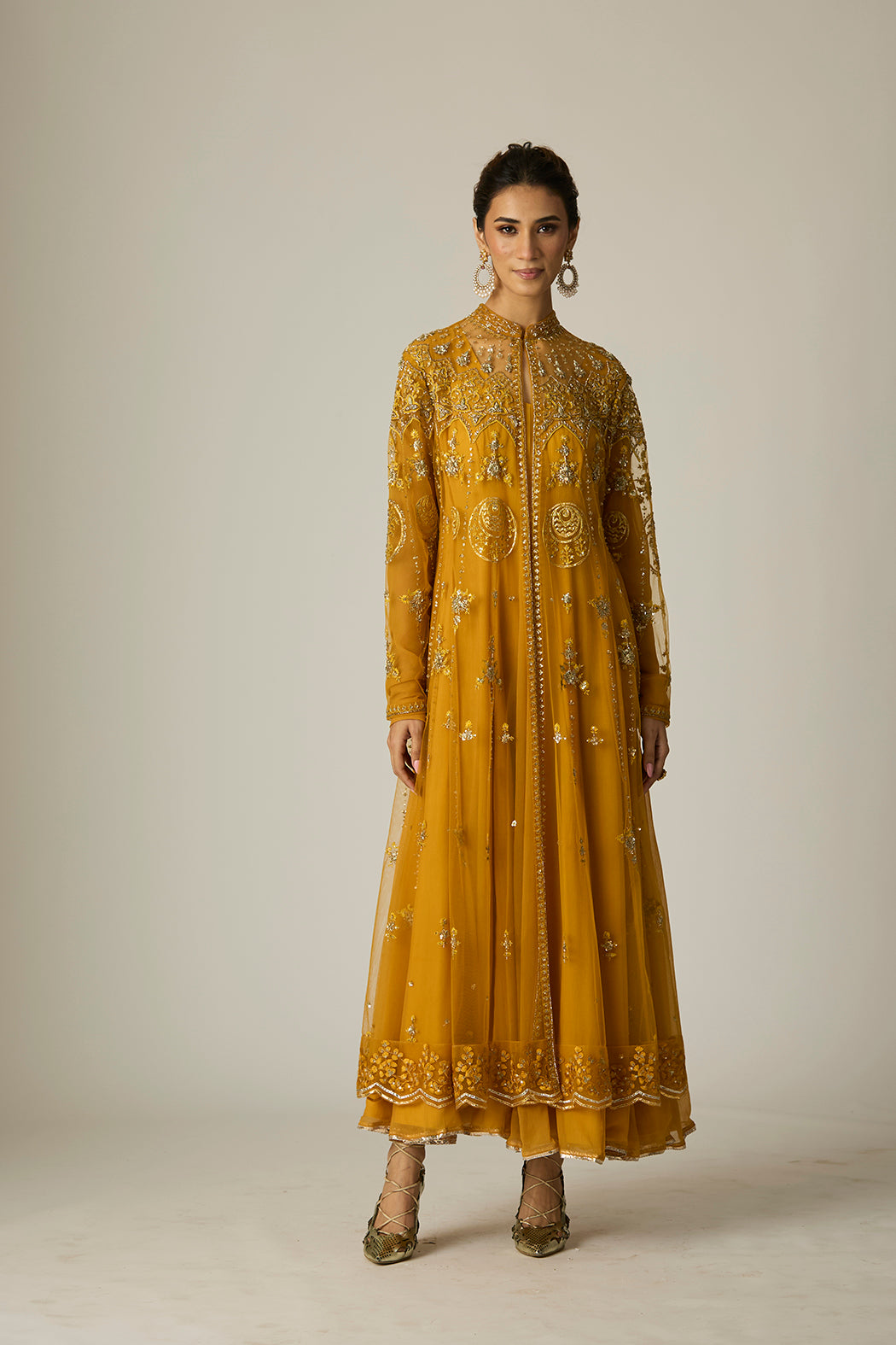 Mustard Chiffon & Tulle Embroidered Jacket Set (2 PCS)