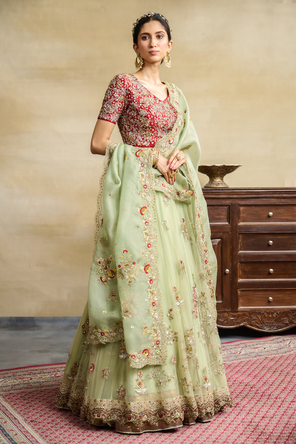 Mint Tulle Heavy Embroidered Lehanga Set