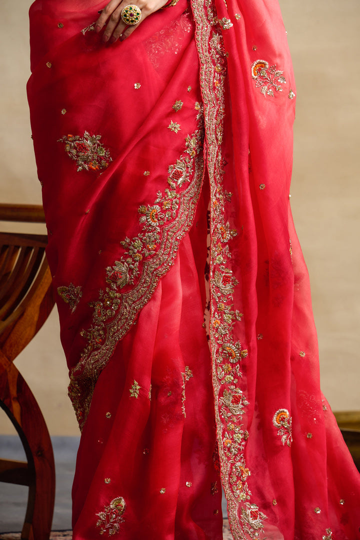 Red Organza Embroidered Saree Set (3 PCS)