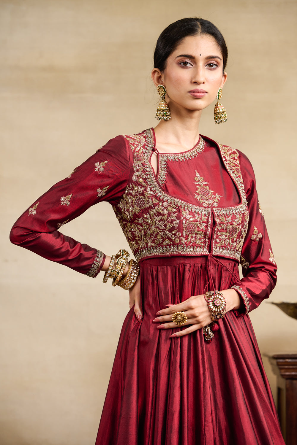 Maroon Silk Jacket Style Embroidered Anarkali Set