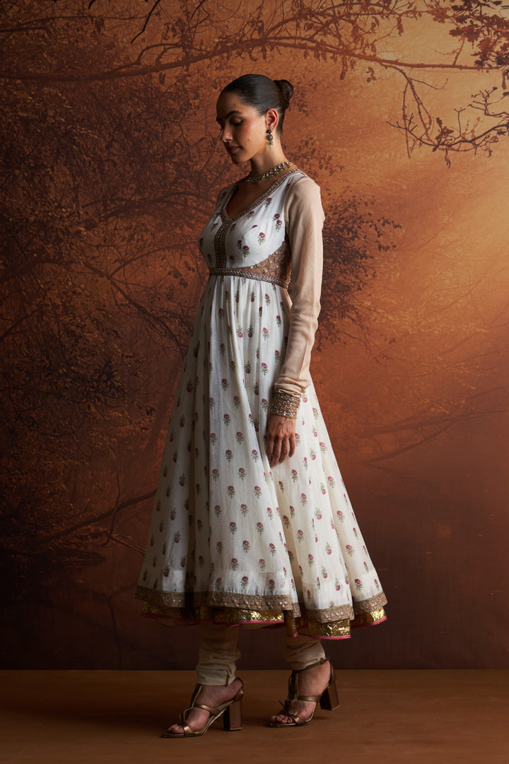 Ivory Printed Chanderi Anarkali Set