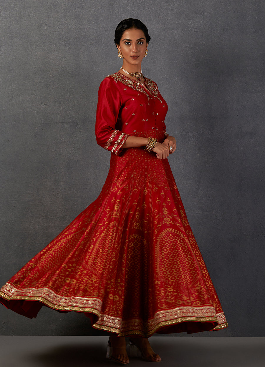 Crimson Red Silk Chanderi Gold Printed &Amp; Embroidered Anarkali Set